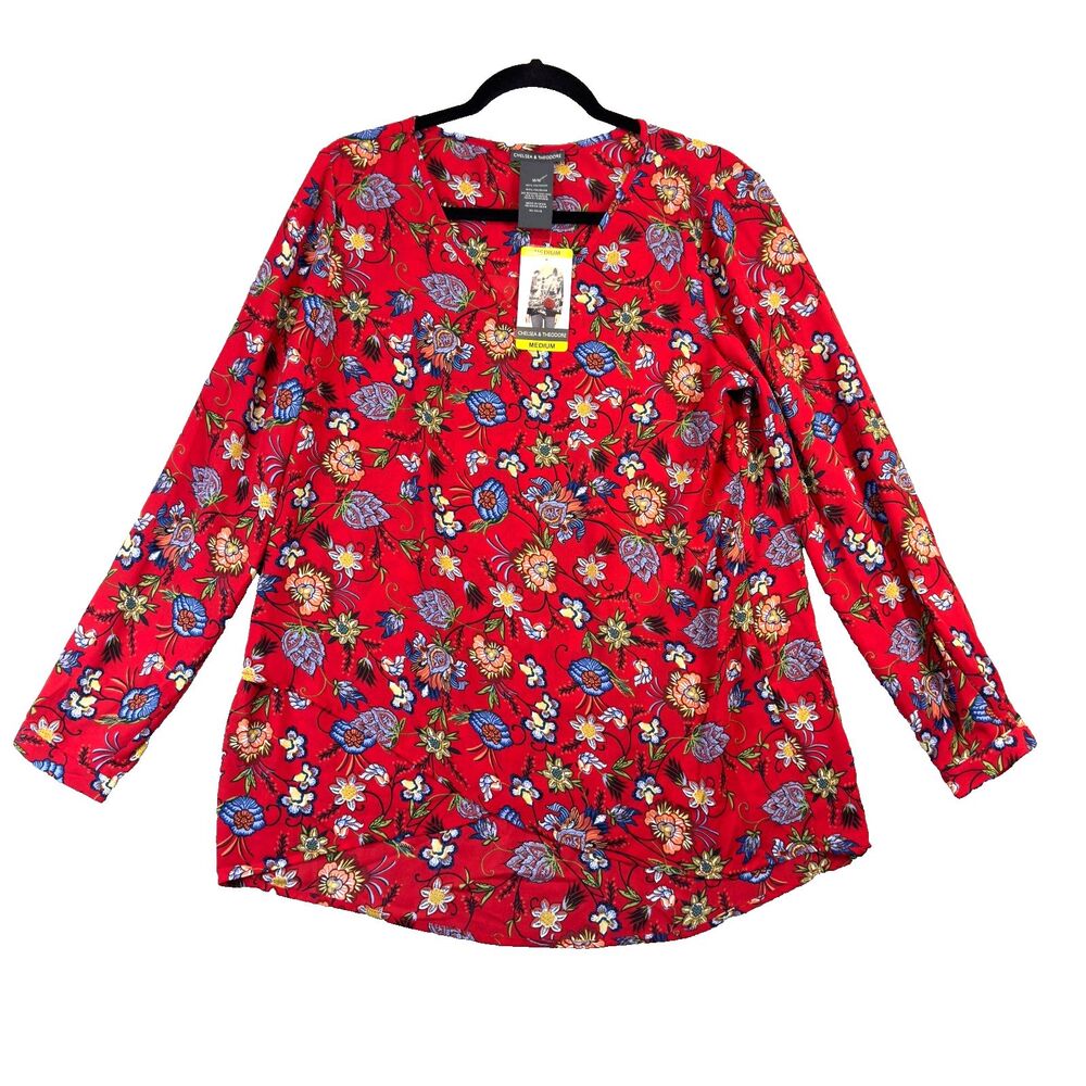 Chelsea & Theodore Top Womens Medium Red Long Sleeve Crossover Woven Casual NWT